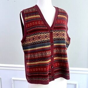 Bobbie Brooks Sweater Vest‎ Large Womens Fair Isle Button Burgundy Grandmacore